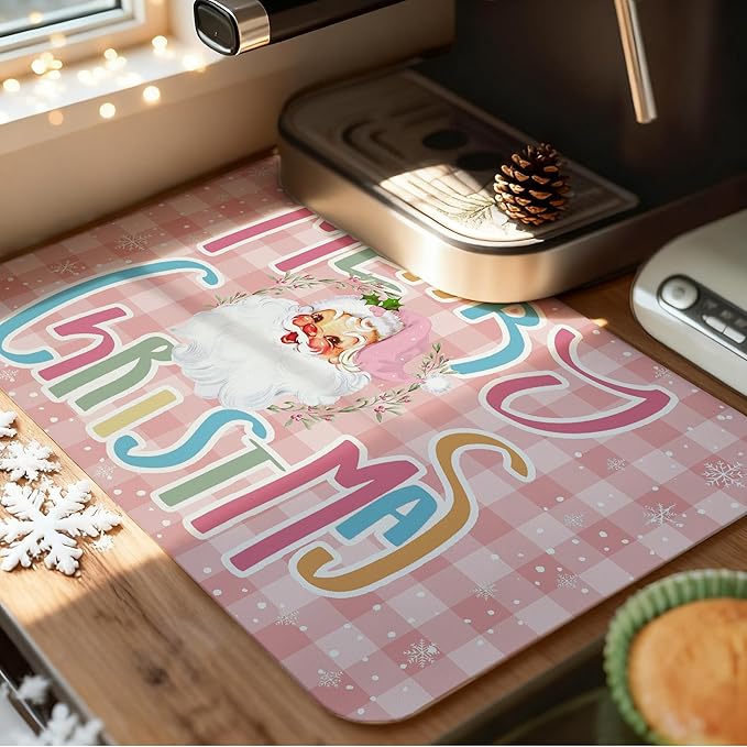 Pink Plaid Christmas Santa Dish Drying Mat, Winter Merry Christmas Coffee Bar Mat for Countertops, Preppy Santa Xmas Absorbent Dish Drying Mats for Kitchen Counter Coffee Maker, 16x24 Inch