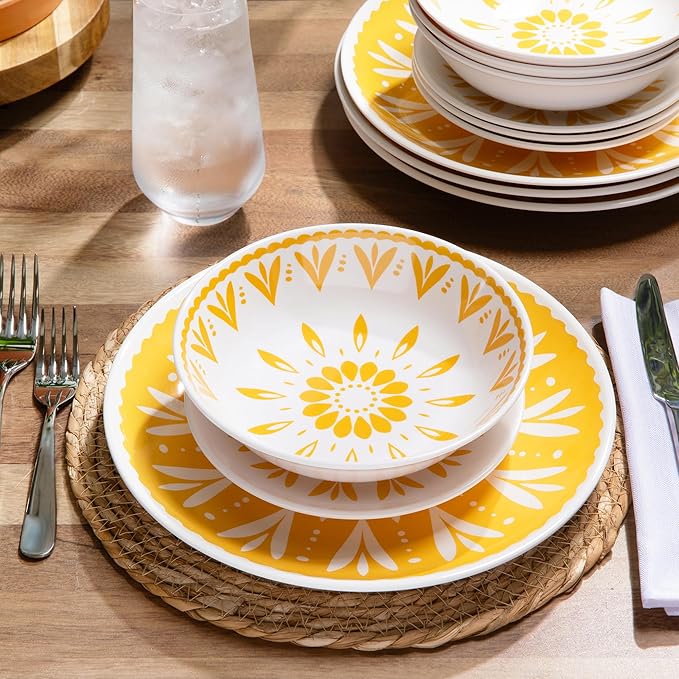 Larder & Vine 12-Piece Melamine Dinnerware Set: Durable, Lightweight, Break-Resistant Plates & Bowls – Stylish, Non-Toxic, Dishwasher Safe – Ideal for Everyday Use, Indoor & Outdoor Dining – Floral