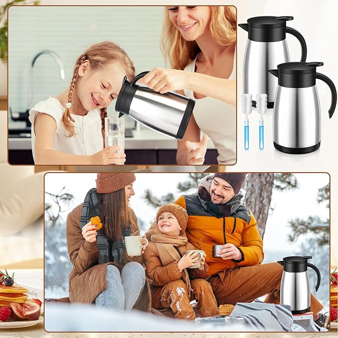 Uiifan 2 Pcs Thermal Coffee Carafe Insulated Stainless Steel Coffee Carafes for Keeping Hot and Cold Double Walled Vacuum Thermal Pot Flask with Brush for Water Milk Tea Home and Office(Silver,25oz)