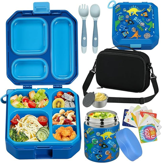Bento Lunch Box for Kids with 12oz Soup Thermo Leak-Proof Lunch Food Container with 5 Compartment Thermo Hot Food Jar and Insulated Lunch Bag for Kid Toddler Girls Boys to School