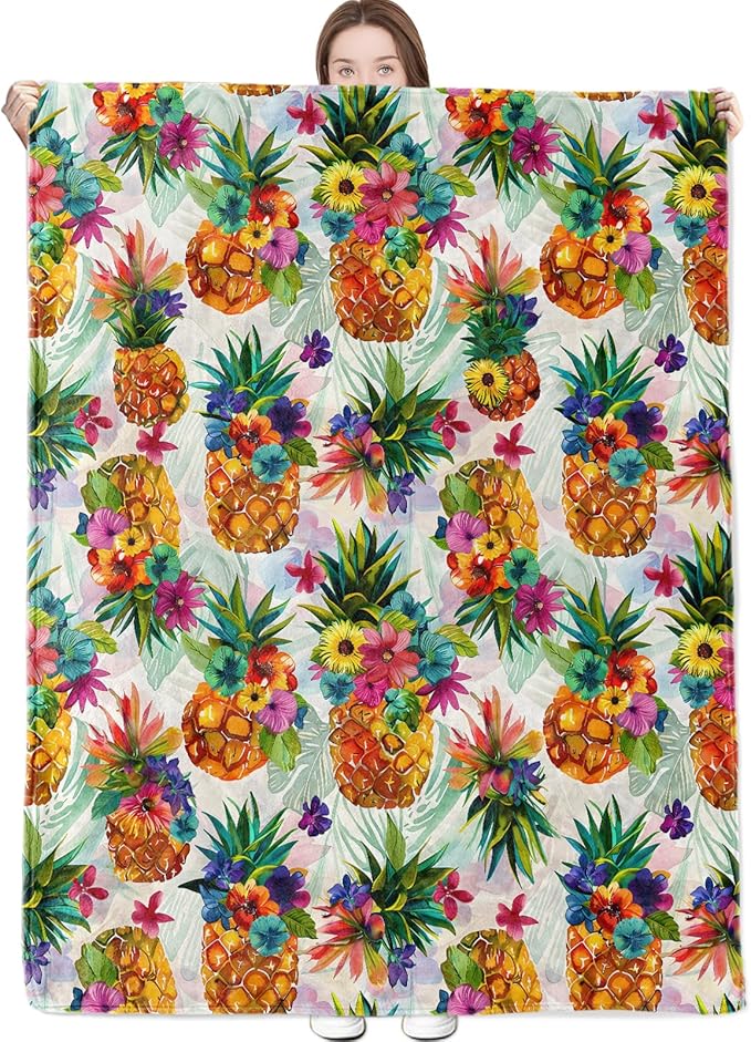 Pineapple Floral Blanket with Tropical Fruit and Flower Throw Blankets Lightweight Flannel Throws for Camping Couch Chair Office Bed Home Summer Decor Gifts for Adults,80x60inch