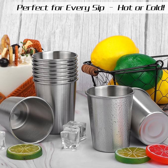 Resinta 10 Pieces 8 Ounce Stainless Steel Cups Metal Pint Cups Shatterproof Drinking Glasses for Kids or Adults (8 oz)