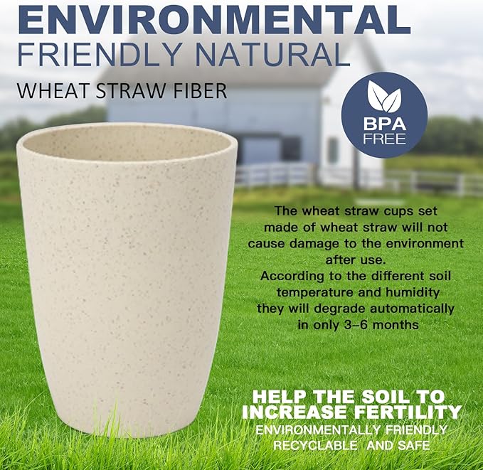 Homienly Cups for Kitchen Unbreakable Wheat Straw Cups 8 PCS Alternative to Plastic Cups Stackable Drinking Cup Reusable Dishwasher Safe Water Glasses with Beige Color (20 OZ)