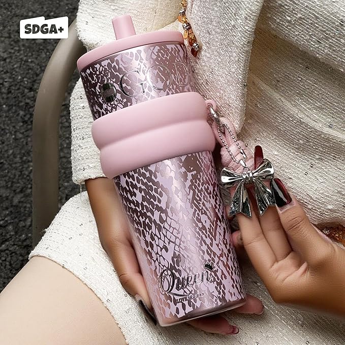 24 oz Stainless Steel Tumbler with Lid and Straw, Insulated Water Bottle Leak Proof for Hot and Cold, Portable Travel Coffee Mug, Reusable Coffee Cup for Women, Blush Pink