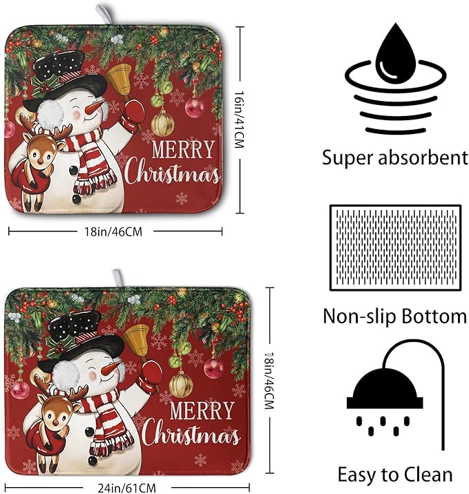 Christmas Dish Drying Mats for Kitchen Counter 16x18 Cute Snowman Red Dish Drying Pad for Dishes Winter Xmas Holiday Dish Draining Mat Absorbent Microfiber Dish Drainer Rack Mats
