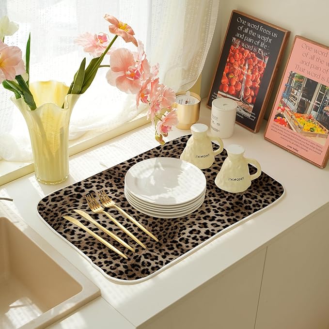 Brown Leopard Print Dish Drying Mats 18x24 Inches for Kitchen Counter Animal Print Skin Cheetah Kitchen Decorations Drying Mats Seasonal Outdoor Mat Drying Pad for Office Dining Room Decor
