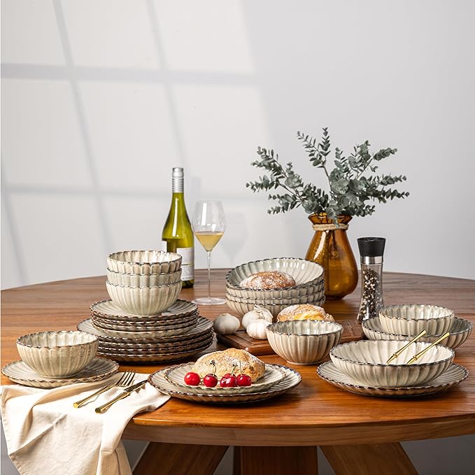 GBHOME Stoneware Dinnerware Sets for 4,Handcrafted Embossed Design Reactive Glaze Ceramic Plates and Bowls, Dishwasher and Microwave Safe, Service for 4(12pcs)