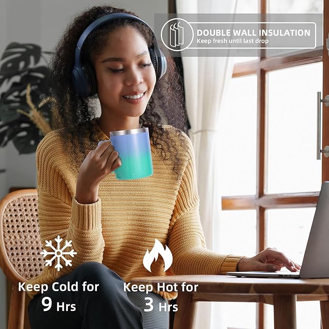 Volhoply 12oz Insulated Leakproof Coffee Mug with Flip & Straw Lid Bulk 4 Pack,Double Wall Vacuum Stainless Steel Travel Tumbler Cup with Handle,Camping Keep Cold/Hot(Purple Green,4 Set)