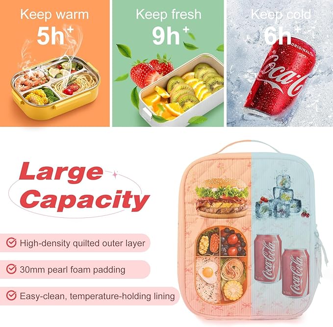 Aileam Lunch Box Lunch Bag for Women Cute Girls Insulated Womens Lunch Bag For Work Quilted Large Capacity Reusable Insulated Cooler for Work Picnic Travel Pink Bow Flower