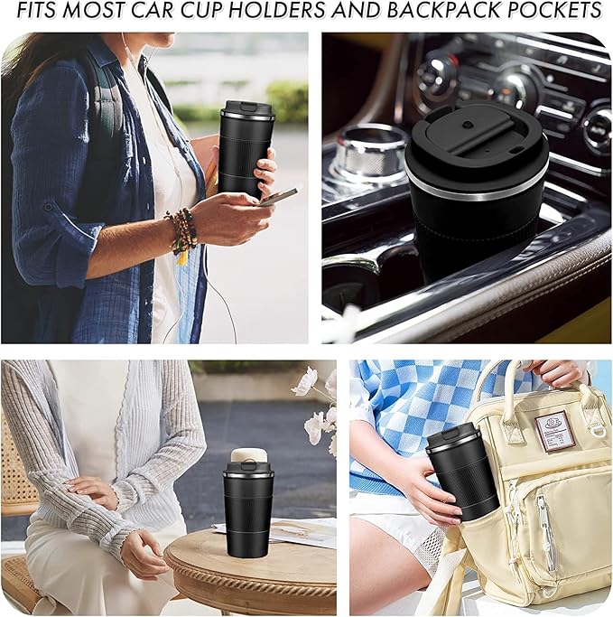 12oz Travel Coffee Mug Spill Proof, Insulated Coffee Mug with Lid, Leakproof Coffee Tumbler,Stainless Steel Vacuum Coffee Cup for Hot/Cold Drinks, Reusable Thermal Coffee Cup -380ml,Black