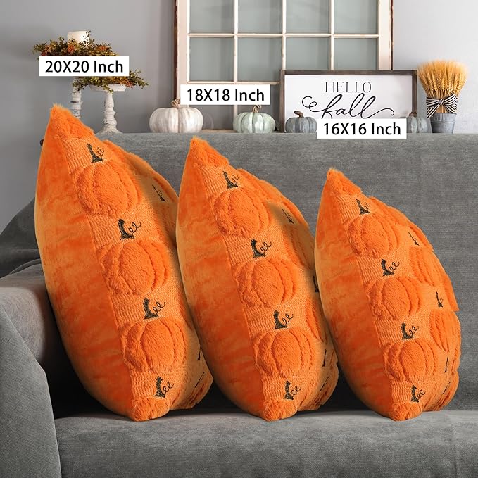 4TH Emotion Fall Pumpkin Decorative Pillow Covers 16x16 Set of 2, Orange Soft Plush Faux Fur Wool Farmhouse Throw Cushion Cases for Autumn Thanksgiving Holiday Home Decorations