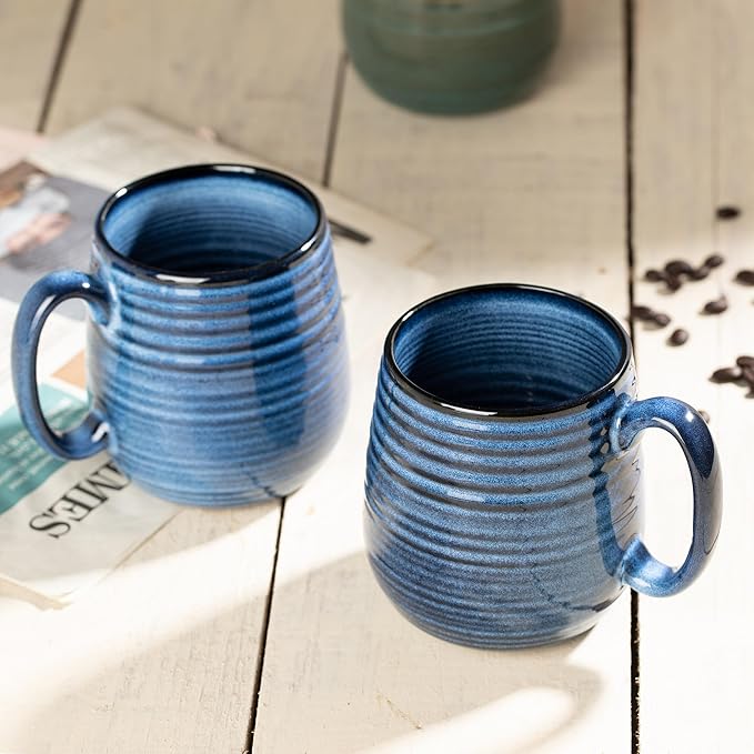 20 oz Large Ceramic Coffee Mug, Coffee Mugs for Women and Men, Big Tea Cups, Large Handle Handmade Pottery Mug for Office and Home, Microwave and Diahwasher Safe (Blue with Stripes, 1PCS)