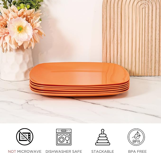 TP 10.5" Melamine Square Dinner Plates, 6-piece Plate Set Unbreakable Serving Dishes for Indoors and Outdoors, Unbreakable Dinner Service for 6, Orange