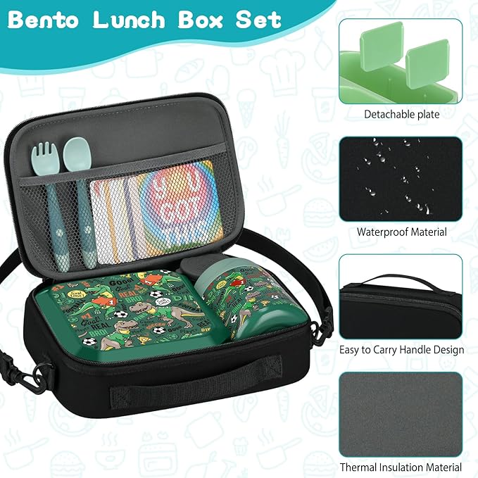Bento Lunch Box for Kids with 12oz Soup Thermo Leak-Proof Lunch Food Container with 5 Compartment Thermo Hot Food Jar and Insulated Lunch Bag for Kid Toddler Girls Boys to School