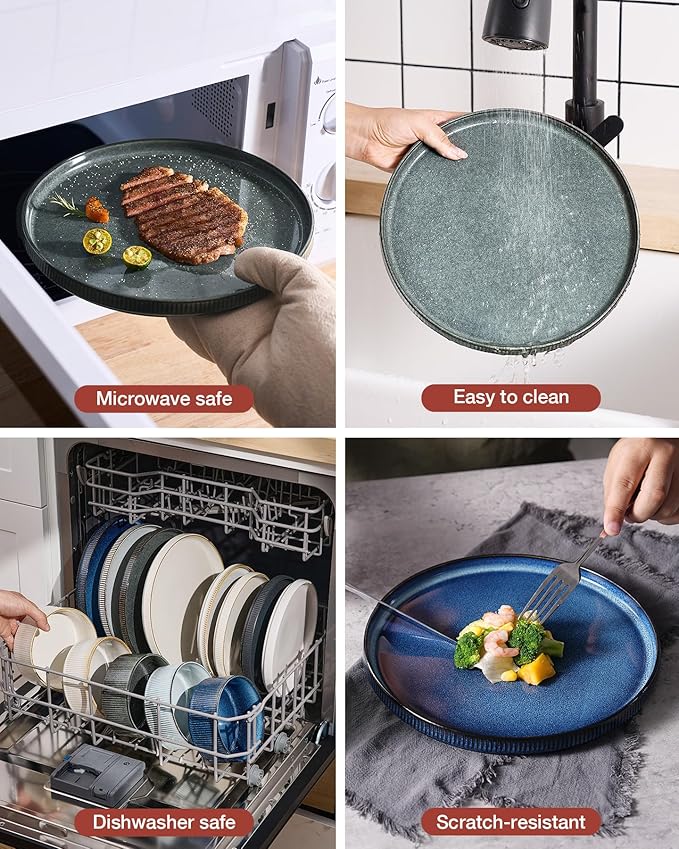 Famiware Star Dinnerware Set, Plates and Bowls Sets for 4 (12pcs), Ribbed Stoneware Dishes - Chip & Scratch Resistant, Microwave & Dishwasher Safe, Deep Forest