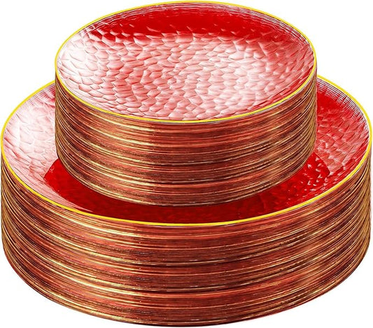 SUT 100Pcs Red Plastic Plates, Hammered Plates Disposable Heavy Duty, Red Disposable Plates With Gold Rim, Fancy Plastic plates Include 50 Dinner and 50 Dessert Plate for Wedding
