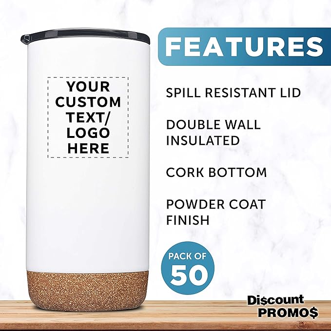 Custom Travel Tumblers with Cork Bottom 16 oz. Set of 50, Personalized Bulk Pack - Double Wall Insulated, Matte Finish, Perfect for Iced Coffee, Soda, Other Beverages - White