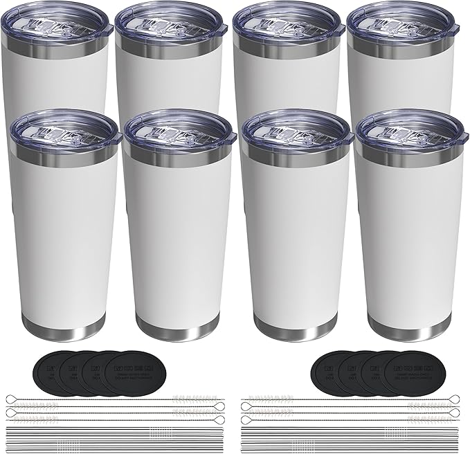 Travel Coffee Tumbler 20oz, 8 Pack Leakproof Travel Coffee Mug with Lid and Straw, Stainless Steel Double Wall Vacuum Insulated Tumbler for Hot/Iced Drinks (Textured Matte, White)