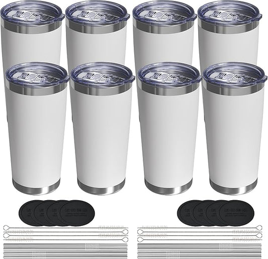 Travel Coffee Tumbler 20oz, 8 Pack Leakproof Travel Coffee Mug with Lid and Straw, Stainless Steel Double Wall Vacuum Insulated Tumbler for Hot/Iced Drinks (Textured Matte, White)