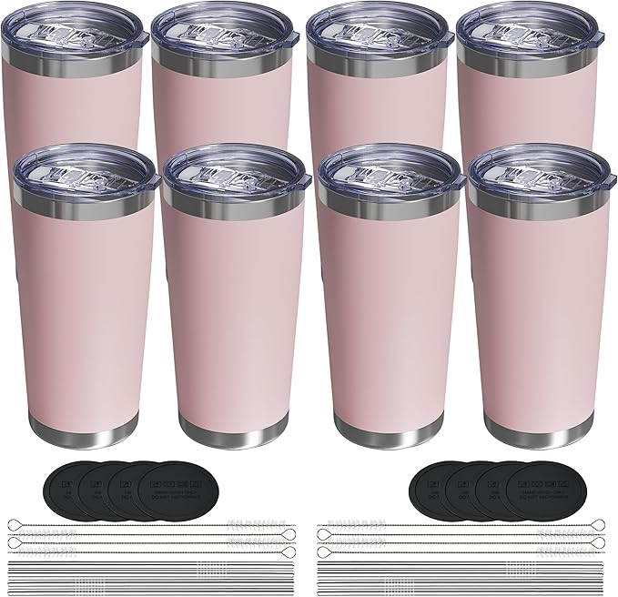 Travel Coffee Tumbler 20oz, 8 Pack Leakproof Travel Coffee Mug with Lid and Straw, Stainless Steel Double Wall Vacuum Insulated Tumbler for Hot/Iced Drinks (Textured Matte, Soft Pink)