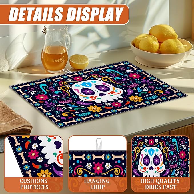 Sugar Skull Dish Drying Mat for Kitchen Counter Microfiber Absorbent Dish Day of the Dead Kitchen Drying Mat Draining Reusable Washable for Dishes/Utensils/Counterto
