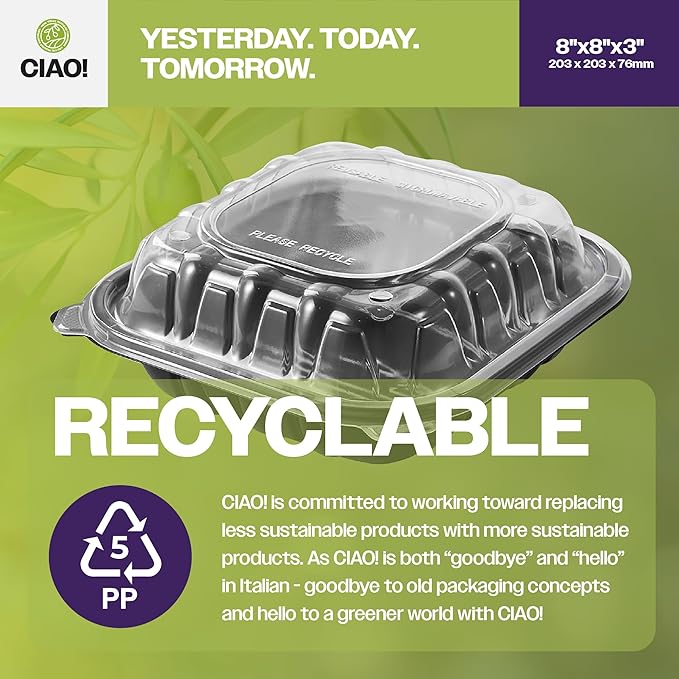 CIAO! 8"x8"x3" Polypropylene Black bottom with Clear Lid Hinged Container 1 Compartment Take Out Container, Microwavable, Recyclable and Reusable, (Case of 150)