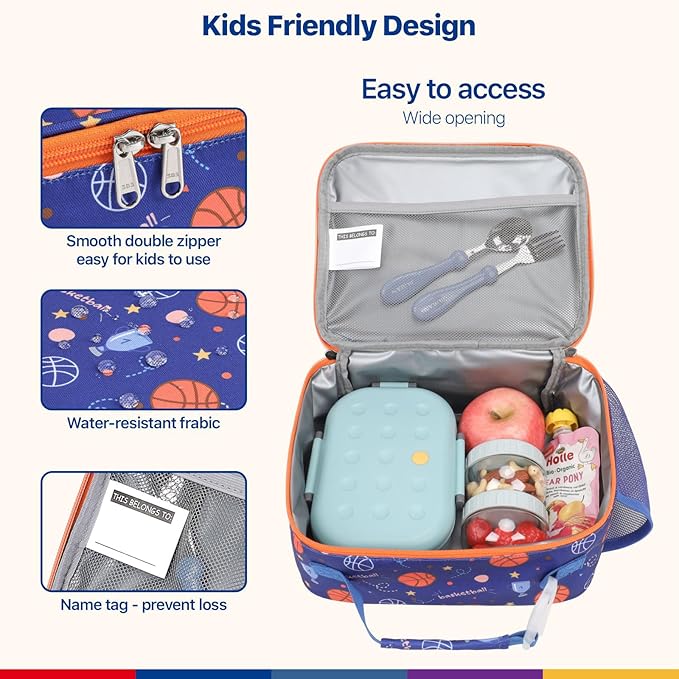 Bagseri Lunch Bag for Boys - Kids Lunch Bag Insulated Leak-Proof and Reusable Kids Lunch Box with Water Bottle Holder Toddler Lunchbox for Daycare and School, Blue Basketball