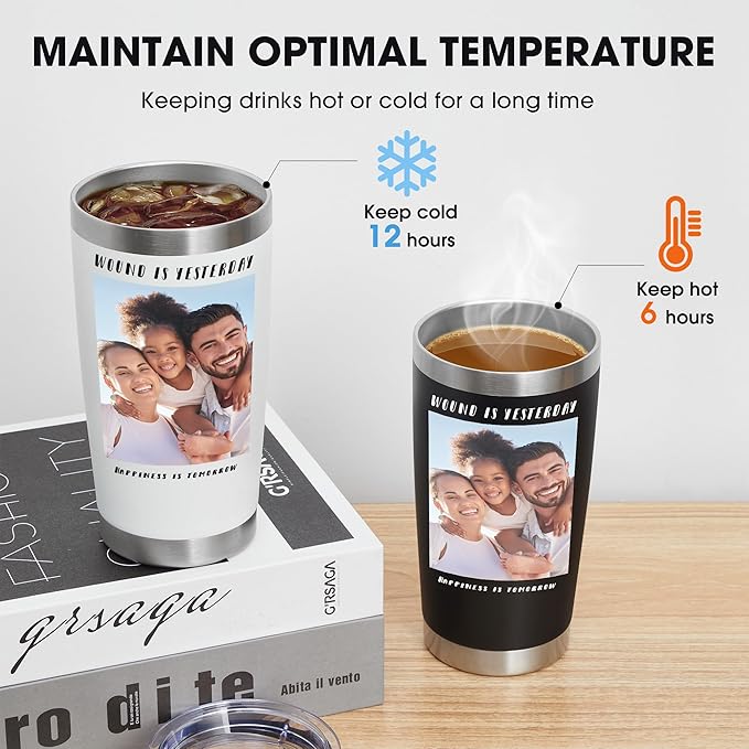 Personalized Custom Tumbler Print in USA 20oz Stainless Steel Coffee Cup with Lid & Straw Double Wall Insulated Tumbler with Colorful Text Logo Photo