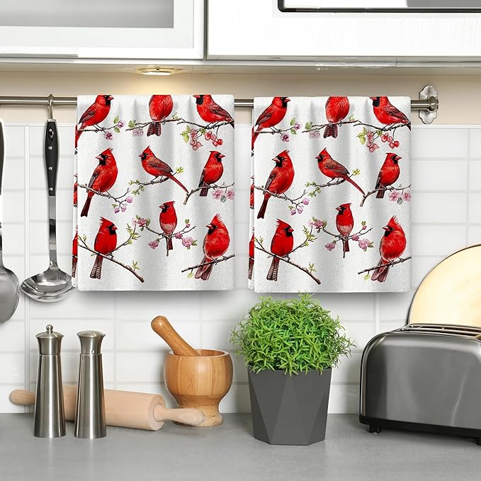Red Cardinal Kitchen Towels Set of 2 Christmas Dish Towels Absorbent Tea Hand Towel for Baking Cooking, Cardinal Lovers Gifts for Women, Winter Kitchen Christmas Decor