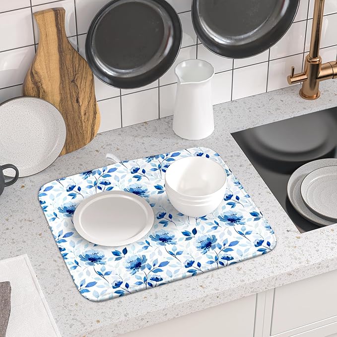 Blue Floral Dish Drying Mat 16x18 inch Flower Leaves Dish Rack Pad Microfiber Washable Dishes Drainer Pad Kitchen Countertop Accessories