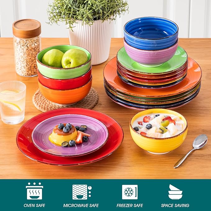 vancasso Bonita Dinnerware Set Muticolor Stoneware 18 Pieces Service for 6, Handpainted Spirals Pattern Stoneware Plates and Bowls Set
