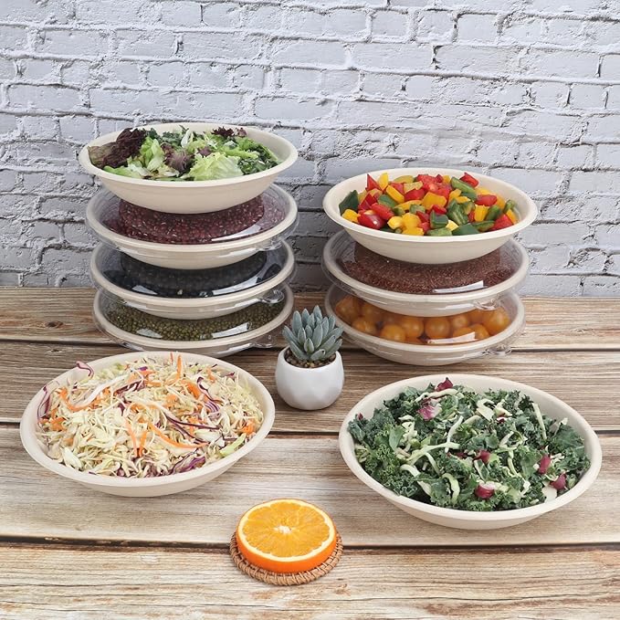 24 oz Round Disposable salad bowls with lids, Sugarcane Fiber Paper Bowls take away food containers Plant Fibers Freezer Safe 50 Pack