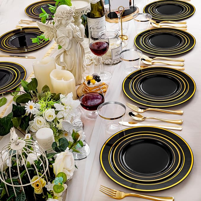 bUCLA 600PCS Black and Gold Disposable Dinnerware Set - Black Plastic Plates Disposable for Party Include 100 Dinner&100 Dessert Plates,100 Knives,100 Forks,100 Spoons,100 Cups for Party & Halloween