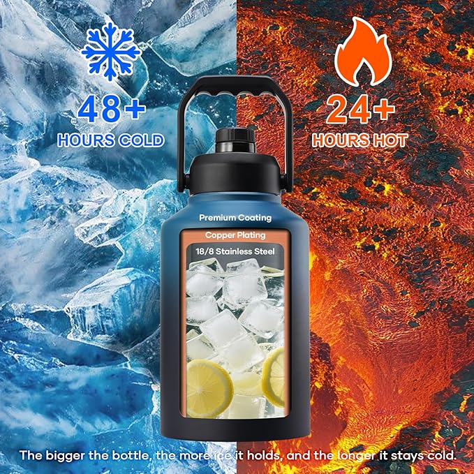 BUZIO 1 Gallon Water Bottle Insulated, (Cold for 48 Hrs) 128oz Large Stainless Steel Water Jug, 3.58in Big Wide Mouth Leak Proof Metal Flask with Carrying Sleeve for Camping,Gym, Hiking, Indigo Crush