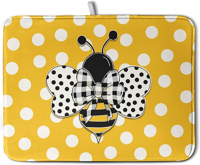 Bee Dish Drying Mat for Kitchen Counter 18x24 Inch Yellow Bumblebee Polka Dots Dishes Pad Cute Honey Bees Dish Draining Microfiber Absorbent Dish Drainer Rack Mat Large Kitchen Accessories