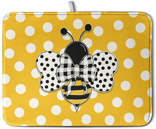 Bee Dish Drying Mat for Kitchen Counter 18x24 Inch Yellow Bumblebee Polka Dots Dishes Pad Cute Honey Bees Dish Draining Microfiber Absorbent Dish Drainer Rack Mat Large Kitchen Accessories