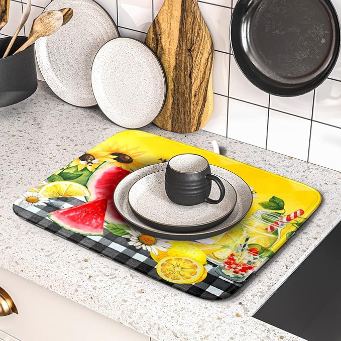 Summer Watermelon Dish Drying Mat Microfiber,Yellow Lemon Buffalo Plaid Dishes Drainer Mats 16x18 Inch,Absorbent Washable Large Drainer Rack Pad Protective Kitchen Counter Decor