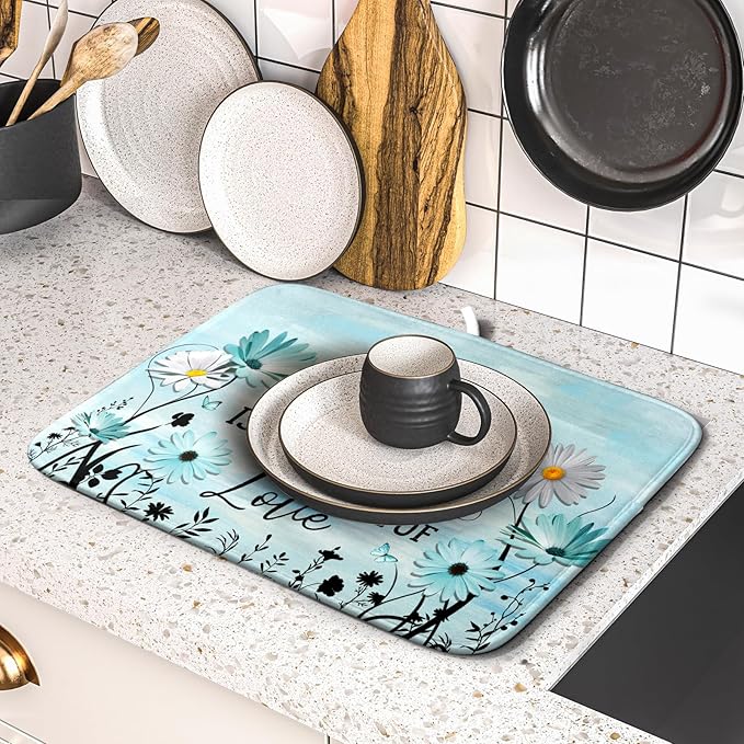 Blue Daisy Dish Drying Mat 16x18 Inch Love Kitchen Absorbent Microfiber Washable Fast Drying Pad Dishes Rack Mat for Kitchen Counter