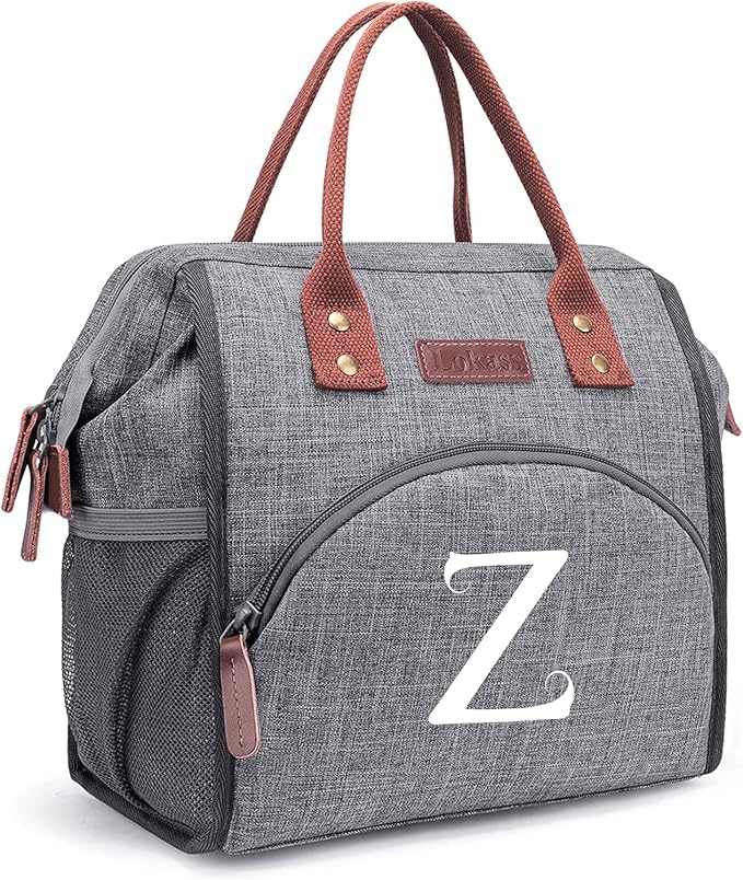 Personalized Lunch Box for Women, Initial Reusable Insulated Lunch Bag, Wide-Open Adult Lunchbox Cooler Lunchbag Snack Organizer, Initial Leakproof Lunch Tote Bag for Picnic Work Outdoors Grey - Z