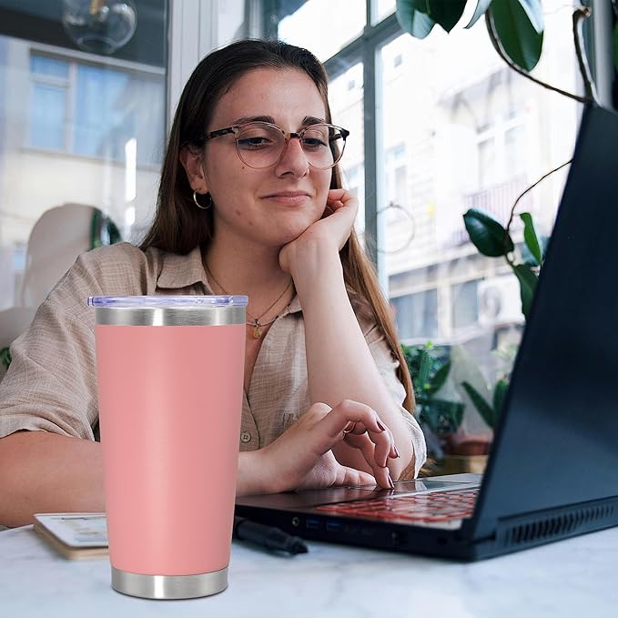 20 oz Tumbler Coffee Tavel Tumblers Bulk with Lid Stainless Steel Double Wall Vacuum Insulated Mug Powder Coated Cups fit Car Cupholder for Hot and Cold - Pink, 1Pack