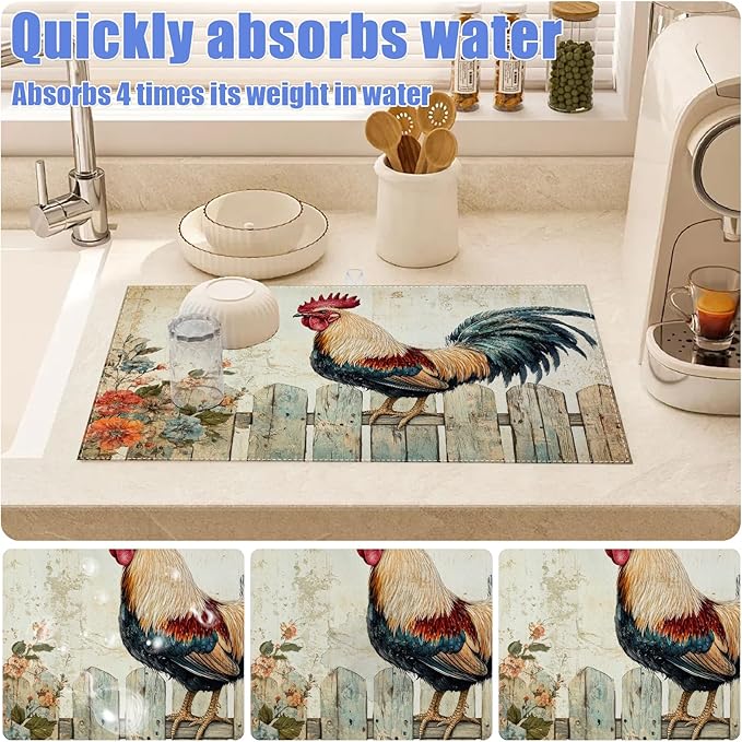 Vintage Rooster Dish Drying Mat for Kitchen Counter Farmhouse Drying Pad Absorbent Reversible Dish Drainer Rack Mats Draining Pad 18"x24"Inch