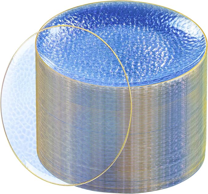 Rubtlamp 100 Pcs Blue And Gold Plastic Plates - 10 inch Clear Blue Gold Dinner Plates - Hammer Pattern Design - Fancy Disposable Plates - Heavy-Duty Party Plate for All Occasions