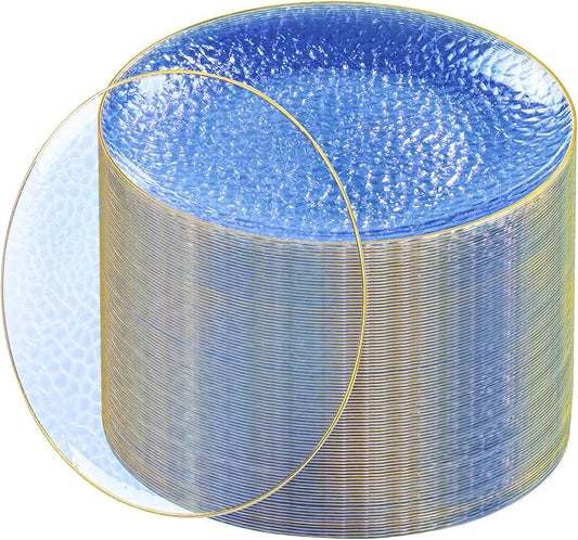 Rubtlamp 100 Pcs Blue And Gold Plastic Plates - 10 inch Clear Blue Gold Dinner Plates - Hammer Pattern Design - Fancy Disposable Plates - Heavy-Duty Party Plate for All Occasions