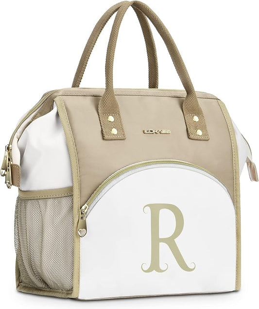 Personalized Lunch Box for Women, Reusable Insulated Lunch Bag, Wide-Open Adult Lunchbox Cooler Lunchbag Snack Organizer, Initial Leakproof Lunch Tote Bag for Picnic Work Outdoors, R