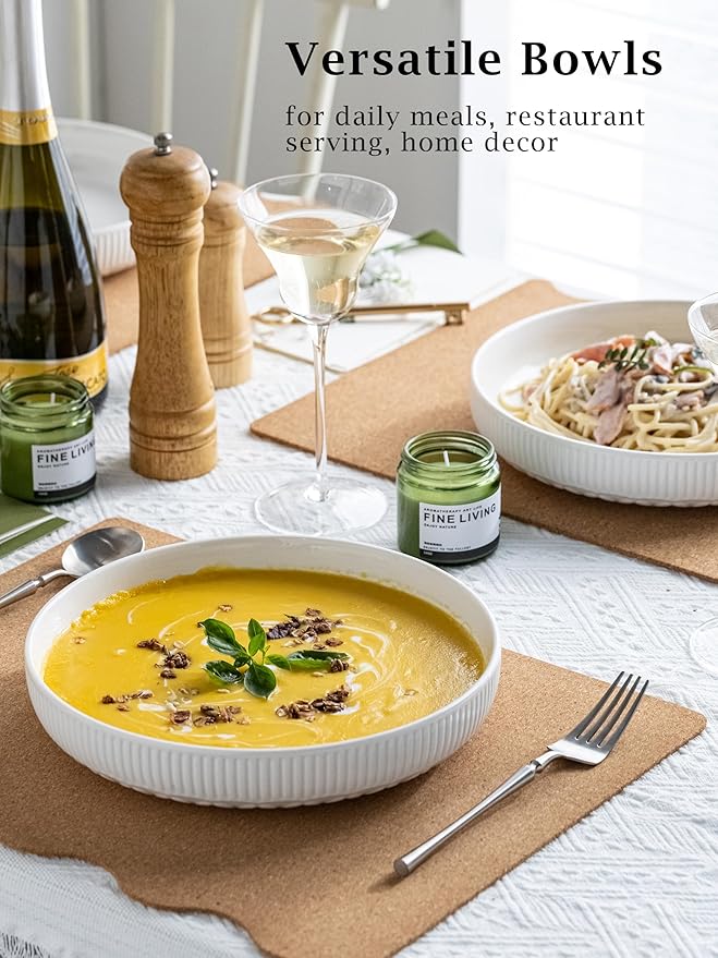 YHOSSEUN 9.75" Pasta Bowls Set of 4, 50 OZ Large Salad Serving Bowls Pasta Plates, White Soup Bowl for Kitchen Meal Prep, Ceramic Shallow Dishes, Clover Stripe