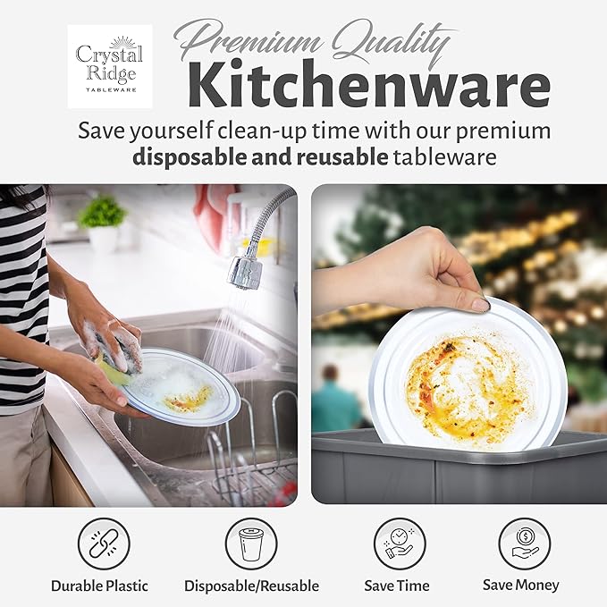 100-Piece Plastic Plates Set - Premium 50 Dinner & 50 Salad Plates, Disposable for Parties - White with Silver Rim