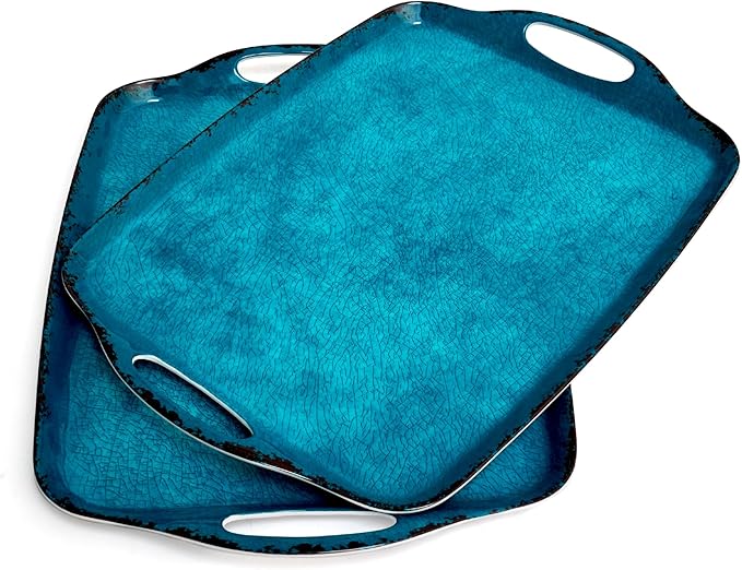 TP Serving Trays with Handles, 17 Inch Large Rectangular Melamine Serving Platter Set of 2, Retro Teal