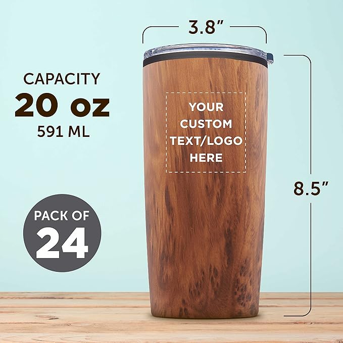 Custom Plastic Tumblers 20 oz. Set of 24, Personalized Bulk Pack - With lids, Ice Coffee Tumbler, To Go Cup, Insulated - Wood