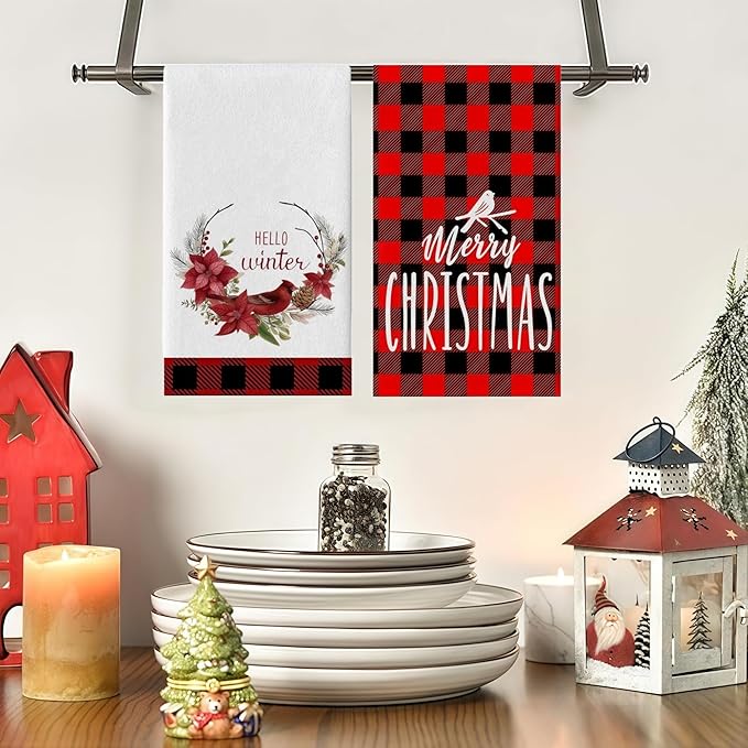 Christmas Kitchen Towels 2-Pack 18x26 Inch - Festive Red Black Plaid Dish Cloths, Absorbent Xmas Tea Towels for Holiday Decor & Gifts
