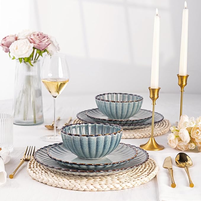 GBHOME Stoneware Dinnerware Sets for 4,Handcrafted Embossed Design Reactive Glaze Ceramic Plates and Bowls, Dishwasher and Microwave Safe, Service for 4(12pcs) (Space Blue, Service for 4)